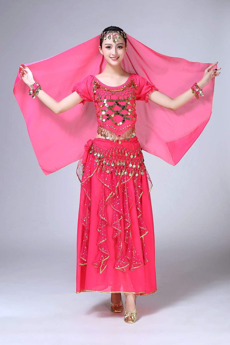 ORIDOOR Women Belly Dance Dress Indian Bollywood Halloween Costume Chiffon Skirts Shiny Belly Dance Suits 5-Piece Outfit, 004 Rose Red, One Size - Image 4